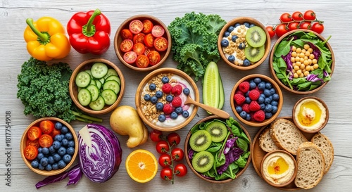 Top view of a healthy food spread featuring bowls of berries, sliced vegetables, fresh greens, and citrus pieces. A clean and vibrant flatlay showcasing nutritious ingredients and natural textures.