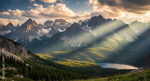 Beautiful mountain landscape with dramatic sunlight rays breaking through the clouds, illuminating green valleys and rugged peaks. A natural scenic view with soft atmospheric depth.