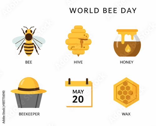 World Bee Day graphic showing a bee hive honey beekeeper hat calendar and wax icon