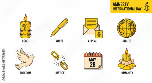 Yellow icons illustrating Amnesty International Day concepts logo writing appeal rights freedom justice date and humanity