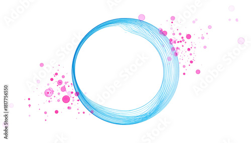 A vibrant, abstract digital art piece against a black backdrop, featuring a luminous blue circle with surrounding pink and white glowing orbs