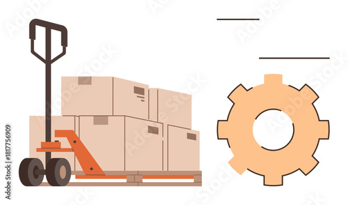 Hand pallet truck carrying cardboard boxes on a wooden pallet beside a gear. Ideal for logistics, supply chain, warehouse management, productivity, workflow optimization, transportation, teamwork