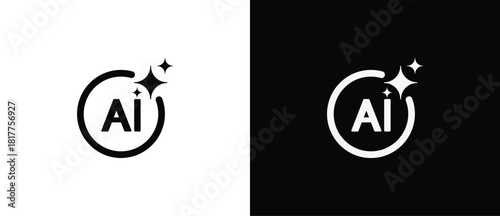 Artificial Intelligence in circular shape. AI engineered app icon. Sparkling star in flat style. Artificial Intelligence star logo. Digital brain, media, multimedia, button.