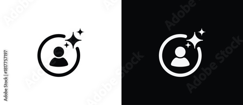 Peson symbol with Artificial Intelligence in circular shape. AI engineered app icon. Sparkling star in flat style. Artificial Intelligence star logo. Digital brain, media, multimedia, button.