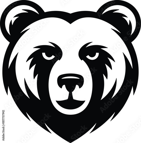 Bold black and white illustration of a fierce grizzly bear head