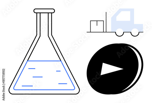 Flask with liquid, truck carrying boxes, media play button. Ideal for science, research, logistics, digital media, innovation education and simplified communication. A simple flat metaphor