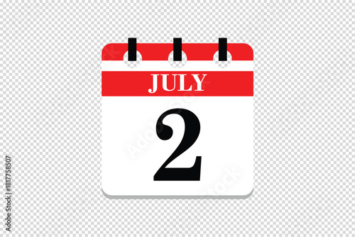 2 July Calendar icon vector, 2 dates of July month calendar icon, dates of July 2 icon calendar, vector calendar icon.