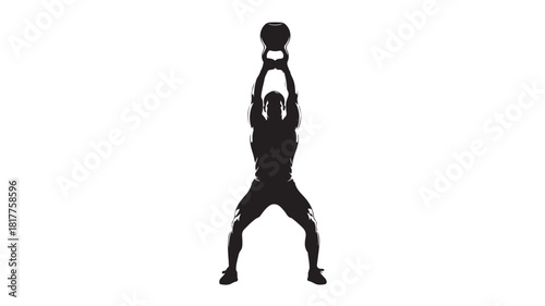 Silhouette of a man lifting a kettlebell overhead fitness training exercise isolated on white background