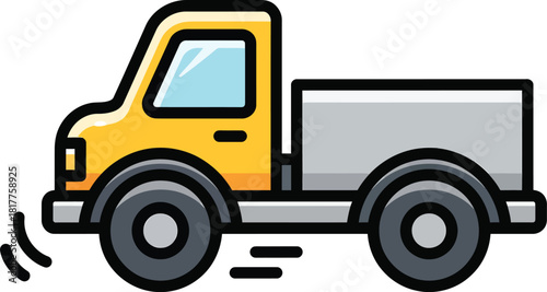 A simple cartoon illustration of a yellow and grey pickup truck in motion.