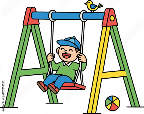 A joyful cartoon boy in a blue cap laughing on a colorful Aframe swing set with a small bird perched on top.