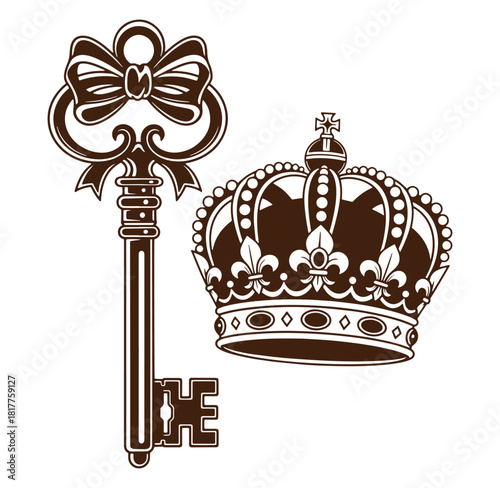 Elegant royal key and crown illustration in brown and white perfect for design elements