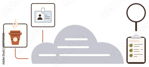 Cloud storage connected to ID badge, steaming coffee cup, magnifying glass, and clipboard checklist. Ideal for organization, productivity, technology, work-life balance, remote work task management
