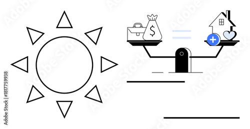 Financial focus. Balancing financial goals and health priorities with visual symbols of money, home, and wellness. Financial planning essential for balanced and sustainable living. Household finance