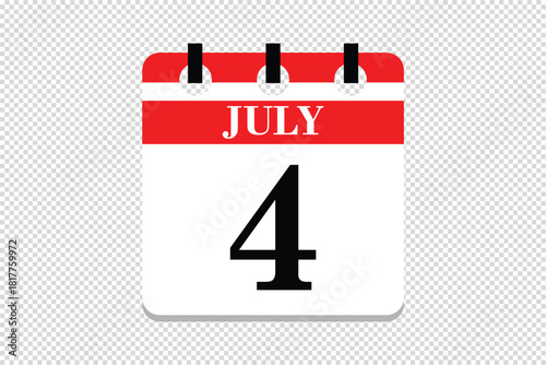 4 July Calendar icon vector, 4  dates of July month calendar icon, dates of July 4 icon calendar, vector calendar icon.