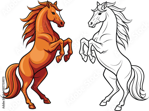 Cartoon illustration of a powerful brown stallion rearing shown in full color and black and white line art.