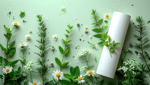 Herbal plants with white scroll on a pale green backdrop