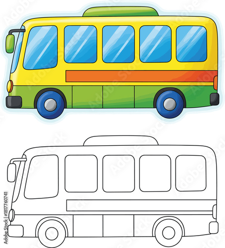 Colorful Cartoon Bus Illustration in Side View with a Black and White Outline for Coloring.