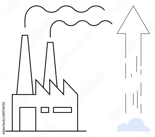 Factory with two smokestacks emitting fumes, adjacent to an upward arrow symbolizing growth. Ideal for industry, environment, economy, progress, pollution, business growth, simple flat metaphor