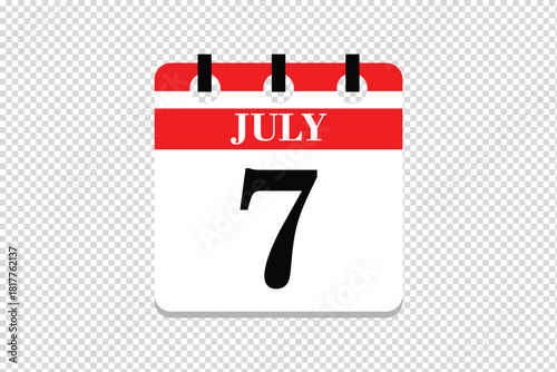 7 July Calendar icon vector, 7 dates of July month calendar icon, dates of July 7 icon calendar, vector calendar icon.