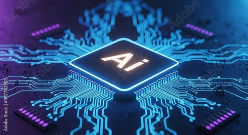 Fototapeta Naklejka Na Ścianę i Meble -  High Speed AI Microchip Central Processing Unit Illuminated By Vibrant Neon Blue Circuit Traces Representing Big Data Processing Neural Networks And Future Computing Technology Innovation