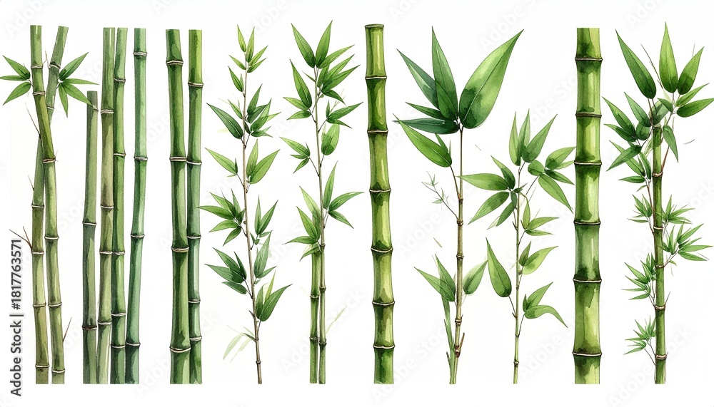 Obraz premium Green bamboo stalks, some with leaves, isolated on white