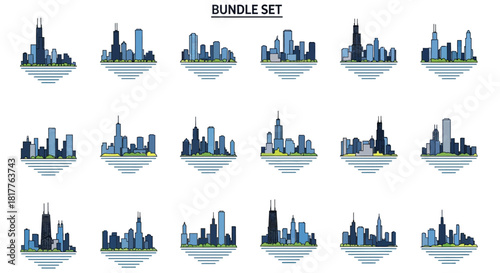 Collection of Chicago skyline illustrations on floating islands, bundle set, vector graphics.