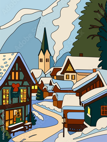 A snowy scene in the countryside and a town near a mountain area. This artwork is called Town in Winter.