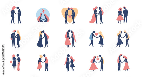 Illustration of couples in love, standing together and holding hands, in various poses and outfits, expressing affection and romance.