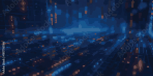 Dark, dynamic pixel art background with blue and orange light streaks, forming a digital grid. Visualizes high-speed data, futuristic cityscape, or cyber network technology.
