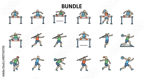 Bundle of sports icons showing athletes in various track and field events, including hurdles, javelin, and discus.