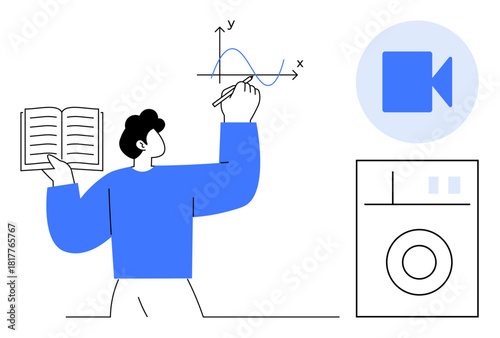 Man holds open book while drawing graph on board, alongside video and washing machine icons. Ideal for education, multitasking, remote work, e-learning, balancing tasks, tech integration, simple flat