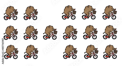 Cartoon boars riding bicycles with baskets, arranged in rows on a white background.