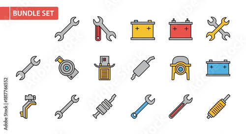 Car parts icons set: wrenches, battery, shock absorber, muffler, headlight, and other auto parts.