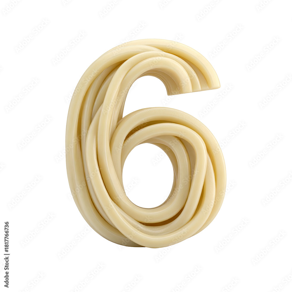Naklejka premium 3d udon textured number 6 with thick smooth noodle texture on white