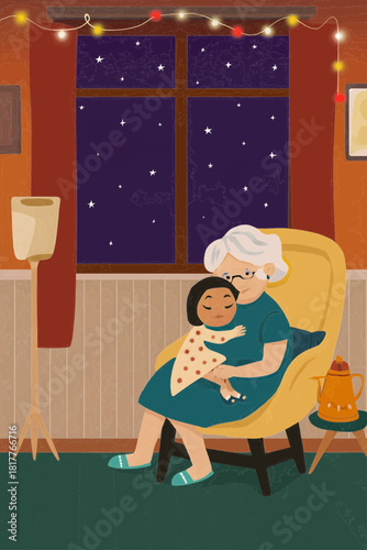 Cozy Night Indoors – Grandmother Comforting Child by Window