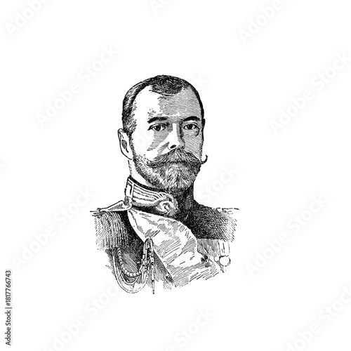Historical etching of a distinguished Tsar with a full beard and mustache, evoking old-world charm and vintage artistry for a classic feel
