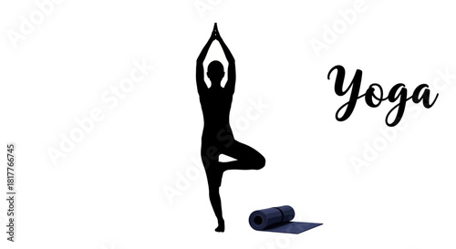 Silhouette of a person in a yoga pose with a yoga mat, accompanied by the word "Yoga".