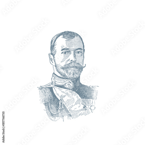 Historical etching of a distinguished Tsar with a full beard and mustache, evoking old-world charm and vintage artistry for a classic feel