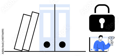 File folders and tilted books represent document storage, a lock symbol highlights security, and a person holding a trophy conveys achievement. Ideal for data protection, education, storage