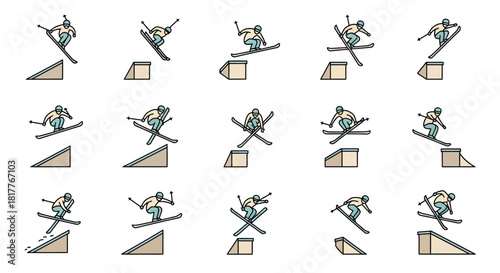 Illustration showing a person performing various ski and snowboard tricks over ramps and boxes.