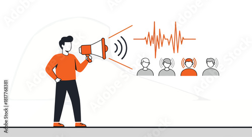 Man with megaphone broadcasting sound waves to a group of people, emphasizing communication and targeted messaging in a modern, minimalist style.