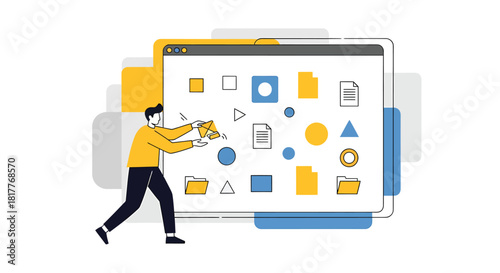 Man organizing digital files on computer screen, showcasing data management and workflow optimization in a modern and clean style.