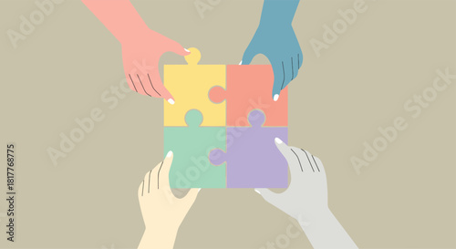 Hands assembling colorful jigsaw puzzle pieces together, symbolizing teamwork and problemsolving in a collaborative and supportive environment, conveying unity and success.