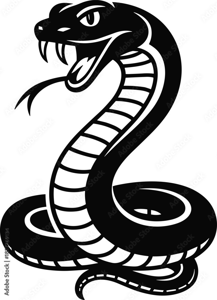 Obraz premium Stylized black cobra snake illustration with fangs and forked tongue