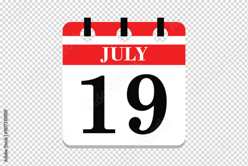 19 July Calendar icon vector, 19 dates of July month calendar icon, dates of July 19 icon calendar, vector calendar icon.