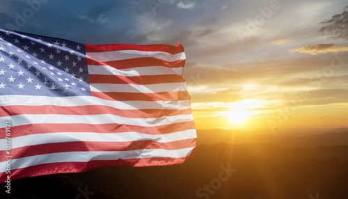 Waving American flag against a stunning sunset backdrop evokes patriotism and pride for commercial projects, ads, and marketing campaigns needing impact