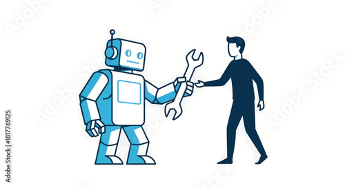 Human gives wrench to robot in simple white space, symbolizing collaboration and the future of work in a modern, minimalist style.