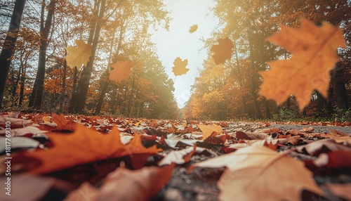 Experience the magic of autumn with falling leaves in a golden forest, perfect for seasonal campaigns and Thanksgiving promotions, inviting warmth and nostalgia