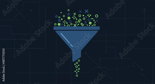 Blue funnel filters green particles on dark blue circuit board showing data transformation and process in modern technology.