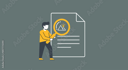 Man examines document with magnifying glass in office, analyzing data and searching for information with focused and professional approach.